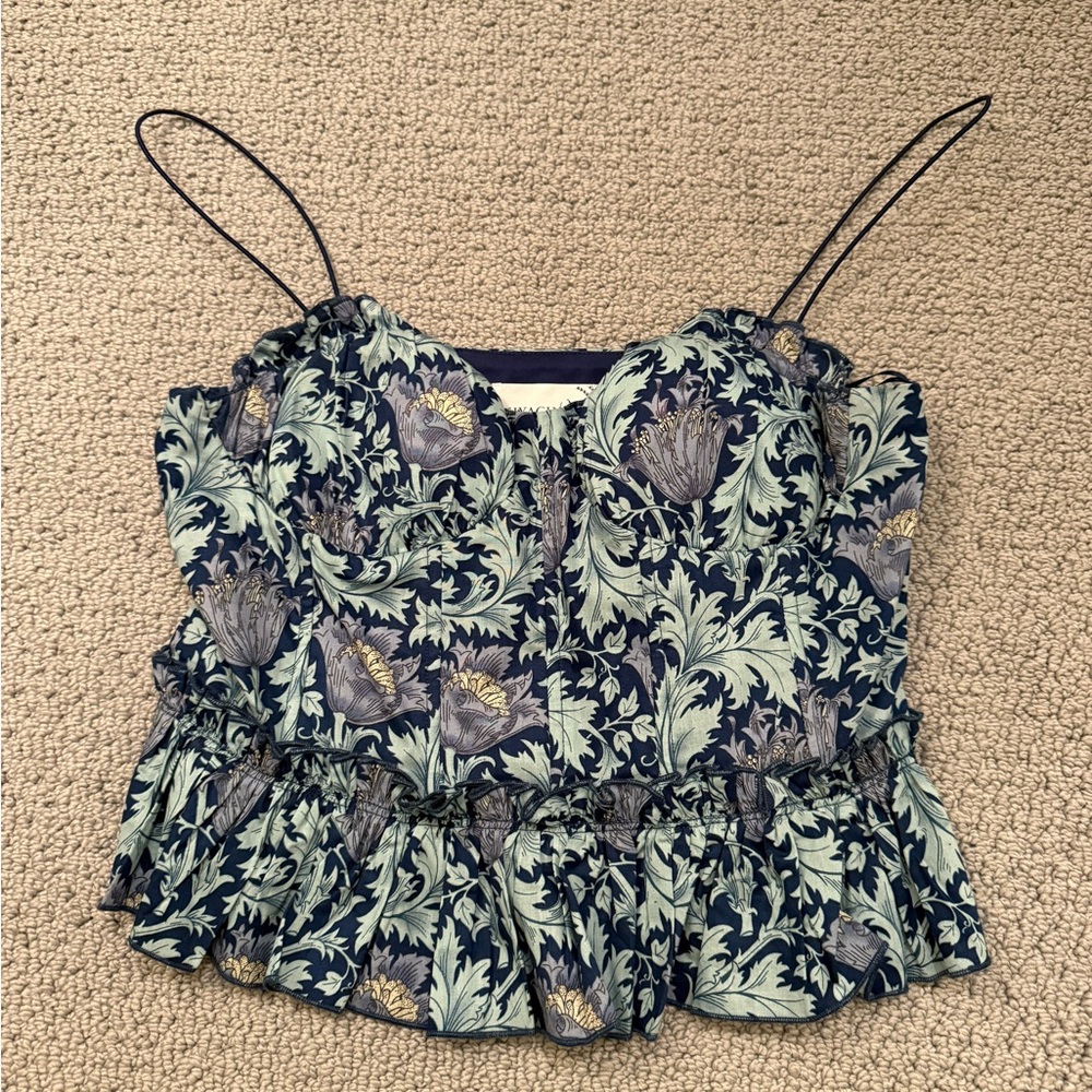 Floral Print Satin Ruffled Cami Top - Navy & Mint